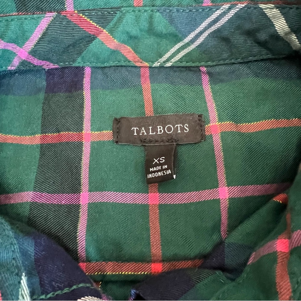 Talbots Plaid Button Down Shirt Womens XS Extra Small Green Blouse Top Festive - Picture 4 of 8